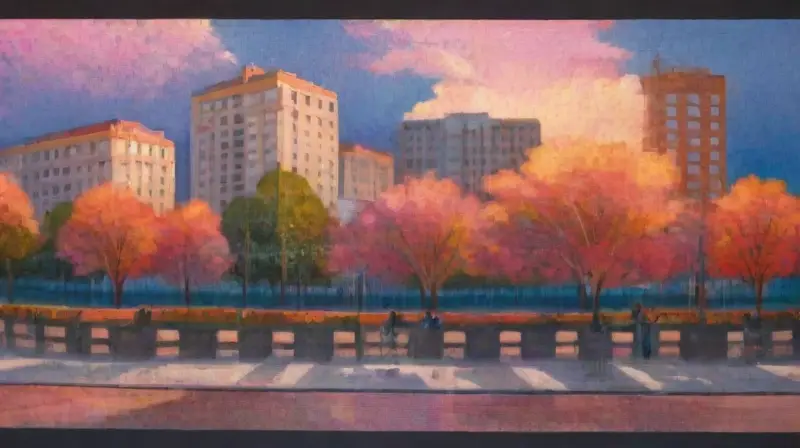 Ciudad vibrante al atardecer, vida y luz