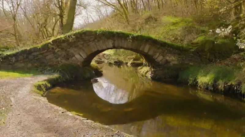 Puente antiguo sobre río con naturaleza idílica