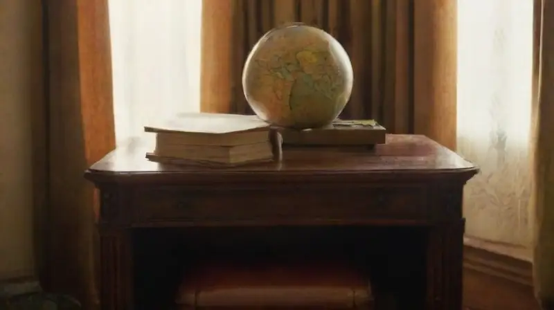 Escritorio antiguo con luz suave y libros