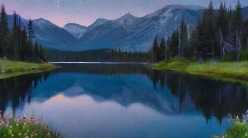 Noche estrellada con montaña y lago reflejante