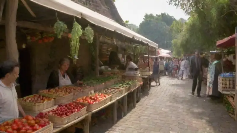 Mercado vibrante con frutas y gente diversa