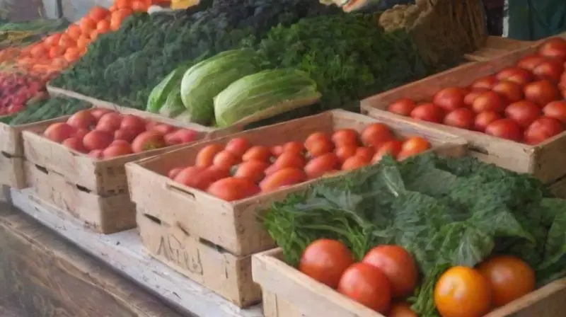 Mercado agrícola vibrante frente a comida rápida