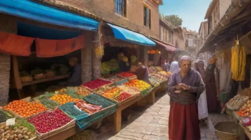 Mercado del siglo XVI lleno de vida