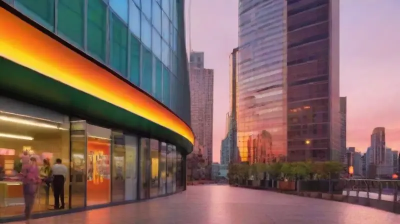 Ciudad futurista vibrante al atardecer