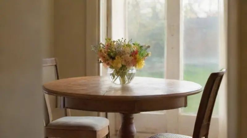 Mesa de madera rodeada de flores y luz